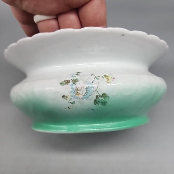 Vintage Germany Porcelain China Flower Decorated Spittoon 1/966 Green White - Picture 2 of 6